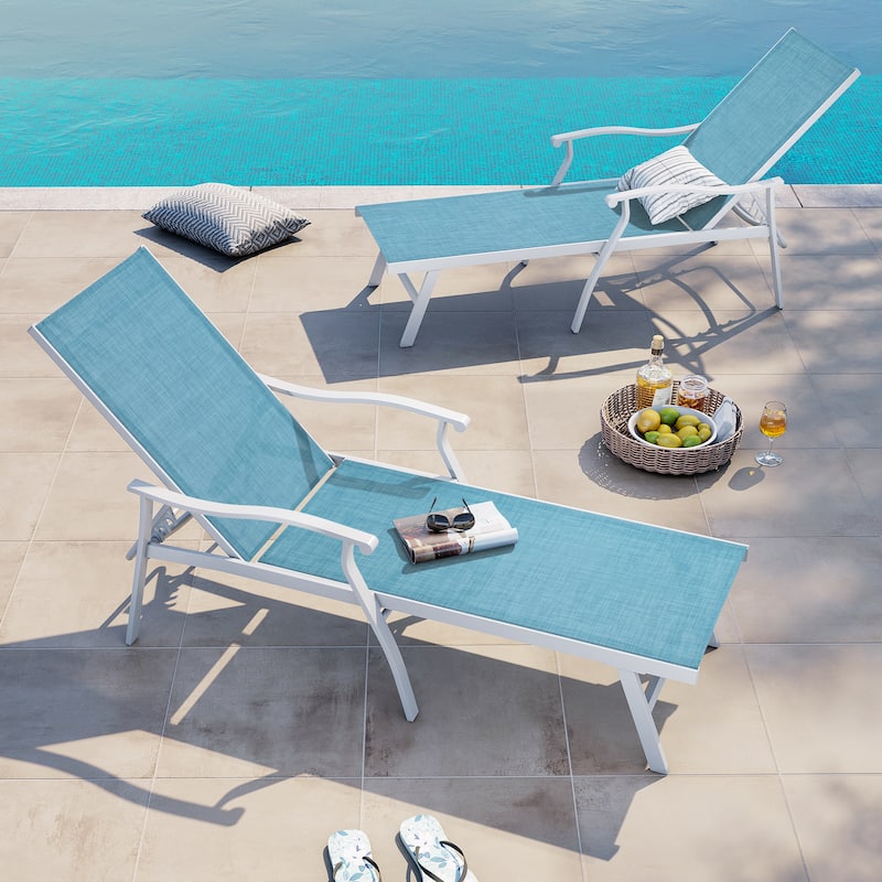 Outdoor Patio Aluminum Adjustable Chaise Lounge Chairs (Set of 2) with Arms - See Picture
