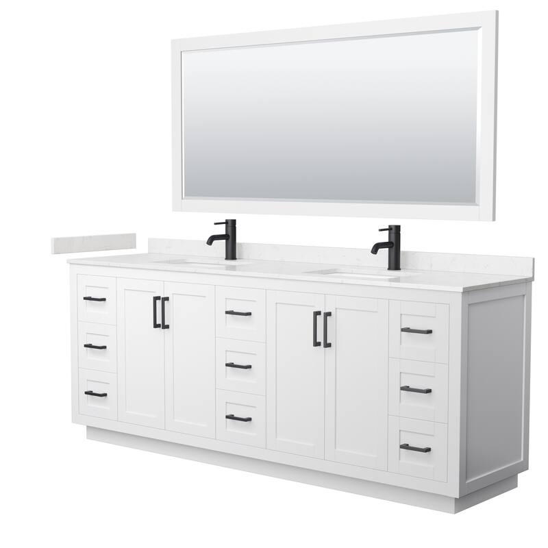 Miranda Double Vanity Set, Cultured Marble Top, 70-Inch Mirror - 84-Inch Double - White, Black Trim, Carrara Cultured Marble Top