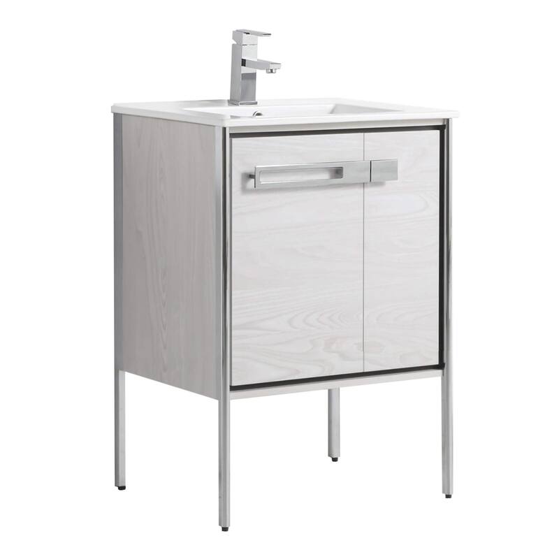 Fine Fixtures Oakville Bathroom Vanity with White Ceramic Sink - 24 Inch - Mild Grey Oak - Chrome Hardware