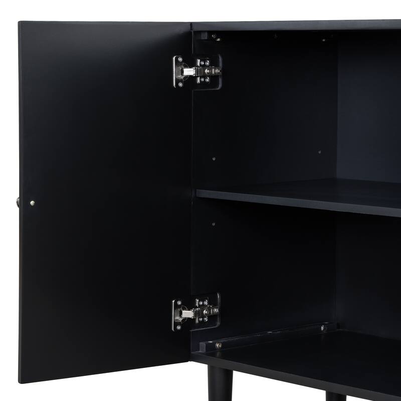 Anmytek Black Ribbed Sideboard Cabinet Modern Dining Room Storage with Four Textured Doors