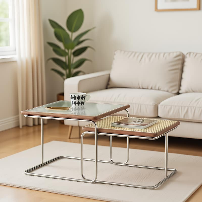 Modern Small Cherry Rattan & Glass Nesting Dining Tables