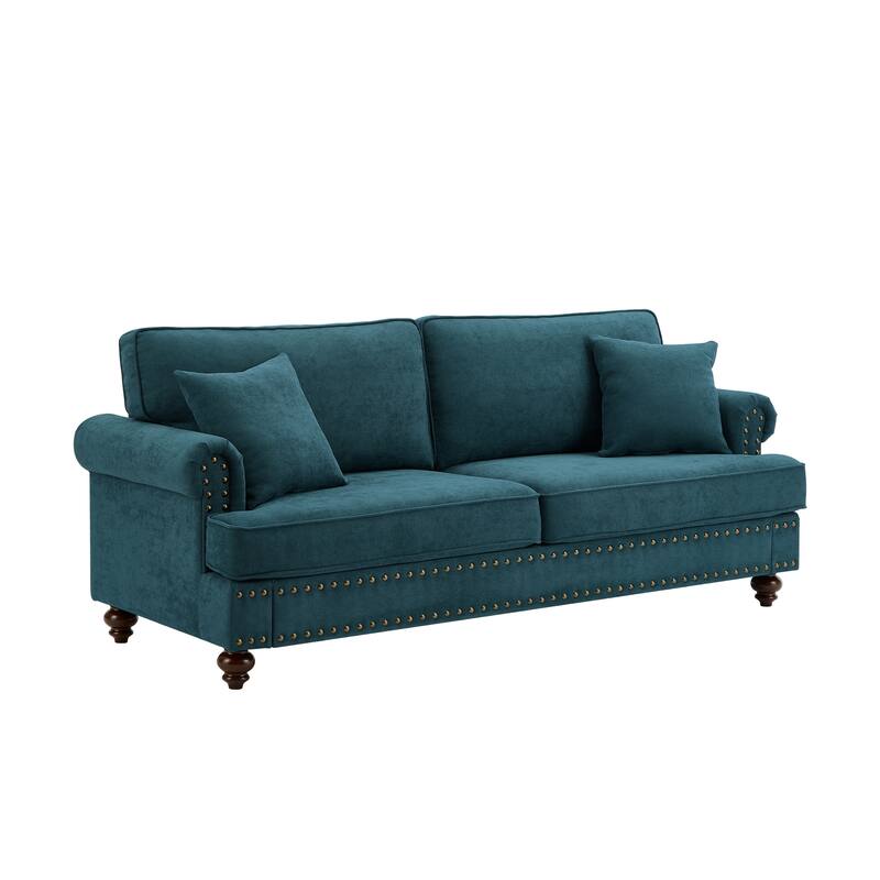 Green 82"Modern Chenille 3 Seater Sofa Couch, with Brown Legs, 2 Pillow and Removable Cushions, Back