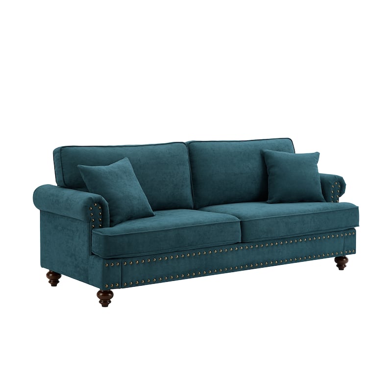 Luxurious Green Chenille Sofa with Rolled Arms and Brown Legs, Elegant Comfort for Any Room