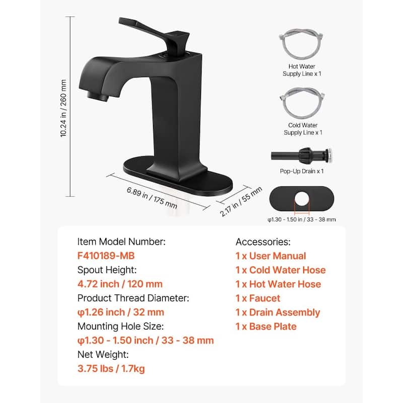 Black Stainless Steel Single Handle Sink Faucet with Drain - 6.89 x 2.17 x 10.24 inch