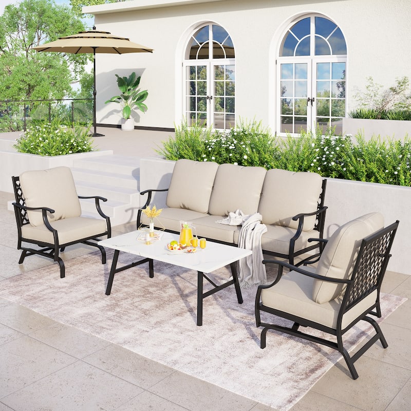 MAISON ARTS Patio Conversation Sets 5/7/9-Seat, Sofa Set with 2 Single Sofa Chairs, 3-Seater Sofa, Ottoman and Coffee Table - 4-Piece - Set 3-Rocking Chairs
