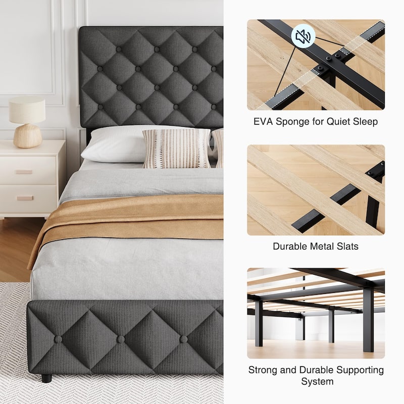Full Size Bed Frame with 4 Storage Drawers and Headboard, Linen Upholstered Platform Bed Frame