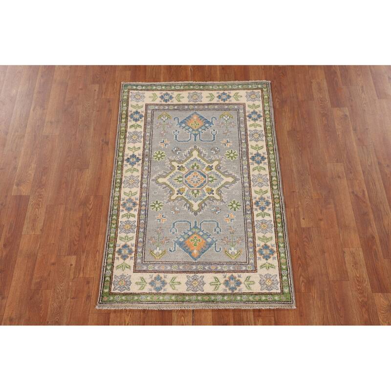 Gray Geometric Kazak Oriental Accent Rug Handmade Foyer Wool Carpet - 2'8" x 4'1"