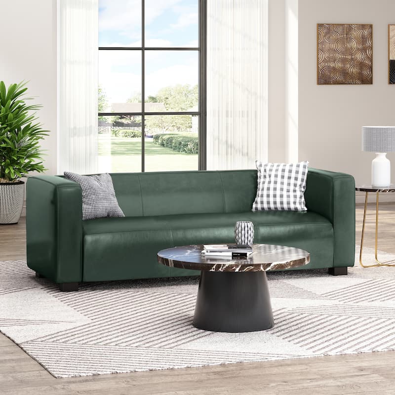 Roomfitters Modern 3-Seater Sofa, Faux Leather Track-Arm Sofa Couch, Contemporary Upholstered Living Room Seating, Green