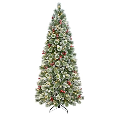 Puleo International 7.5 ft. Pre-Lit Slim Snowy Silverton Pine Artificial Christmas Tree