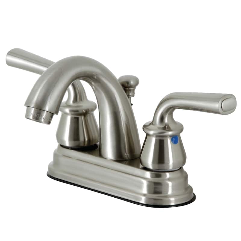 Kingston Brass Restoration Two-Handle 3-Hole Deck Mount 4" Centerset Bathroom Faucet with Plastic Pop-Up - Brushed Nickel