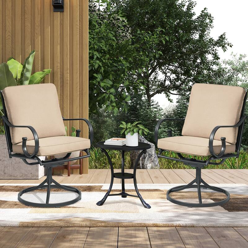 EROMMY Patio Swivel Chairs Set of 2, 360° Rocking Outdoor Dining Chairs with Cushions and Metal Frame - Khaki