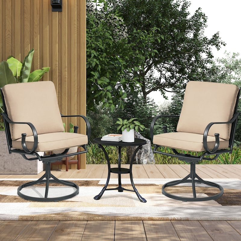 Outdoor Swivel Rocker Chairs Set of 2, Heavy-Duty 360° Swivel Patio Chairs with Cushions, All-Weather Steel Frame for Garden - Curved Armrest & Carvings - Khaki
