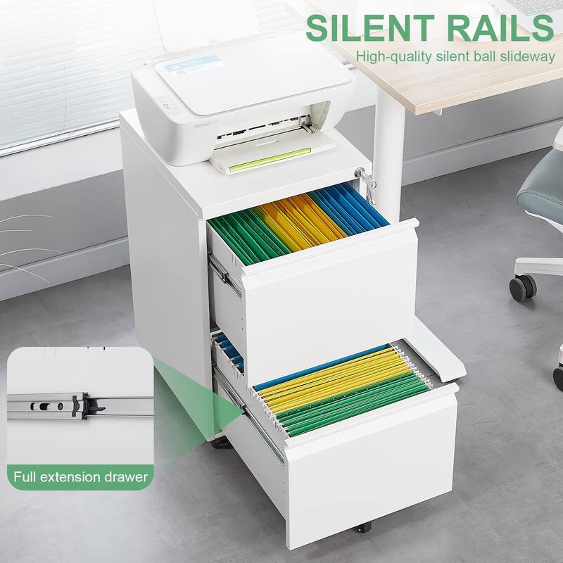 Metal 2 Drawer Mobile File Cabinet with Lock, Under Desk Office Steel Filing Cabinet - White