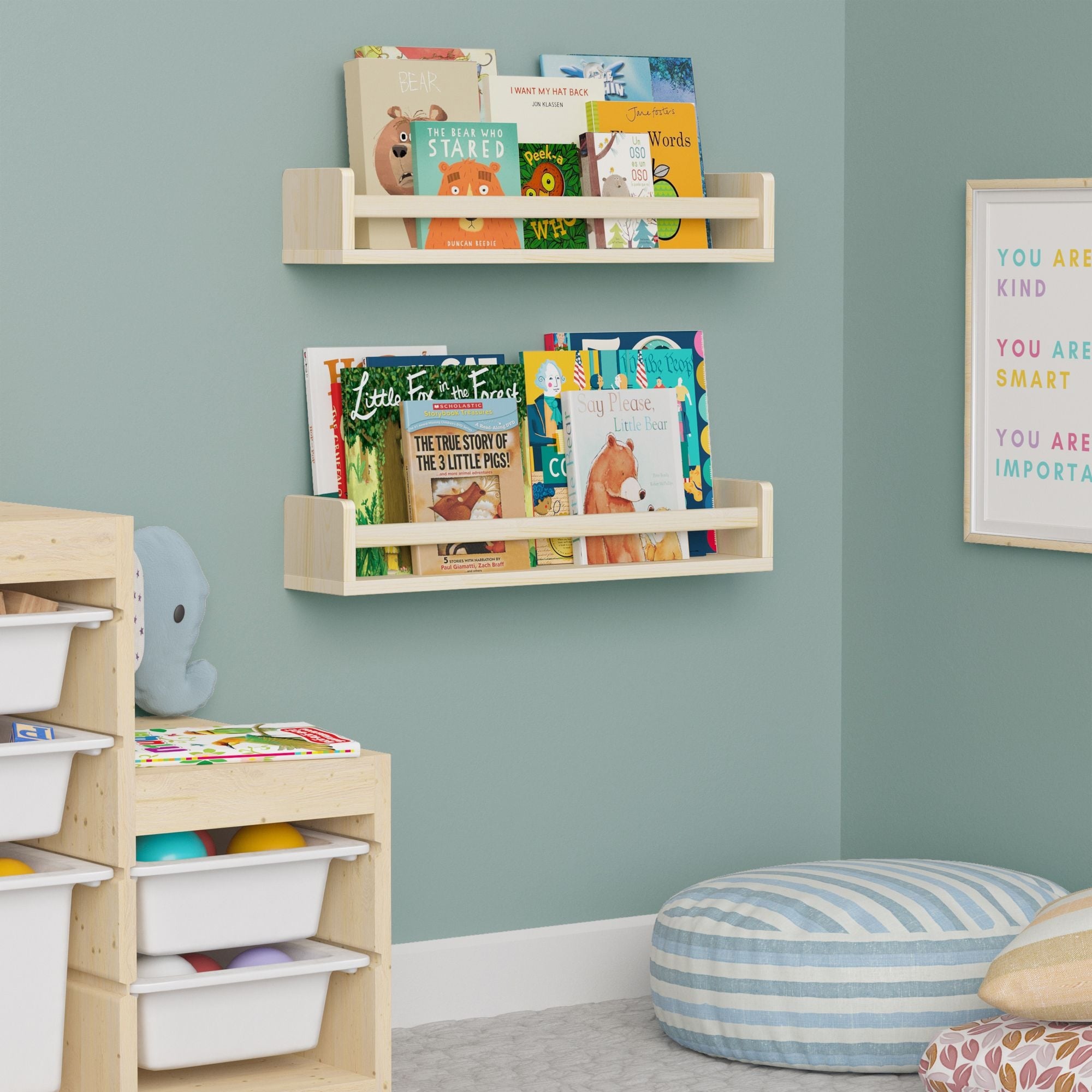 Mazjoaru Nursery Book Shelves For Wall Set Of 3, Pink Natural Wood Bookshelf Wall Decor, Small Floating Shelf Organizer For Kids Room