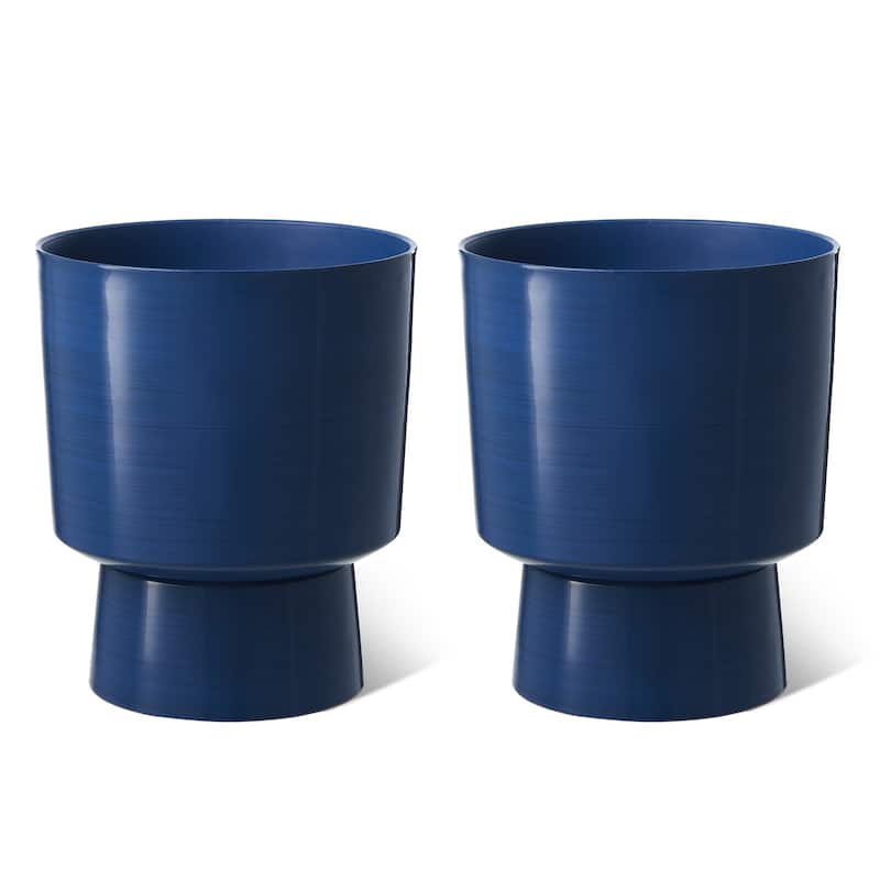 Glitzhome Set of 2 Faux Ceramic Cobalt Blue Flower Pots Urn Plastic Planter Front Porch Decor