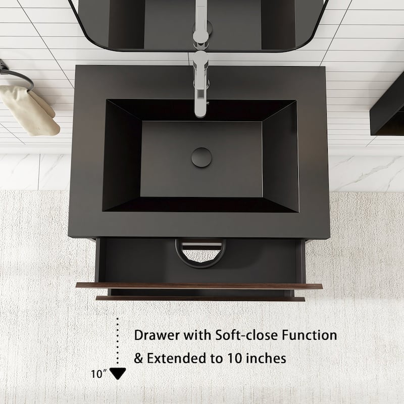 24/30/36 inch Wall-Mounted Bathroom Vanity Set in Grey Oak with Integrated Black Resin Sink