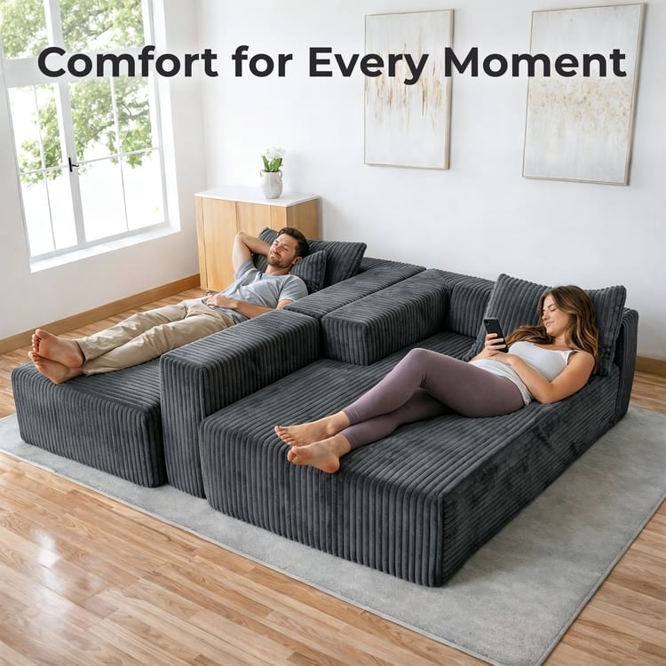 110" Modular Cloud Couch Sectional Sofa - Deep Seat Corduroy L-Shape Couch - Boneless Compressed Sofa