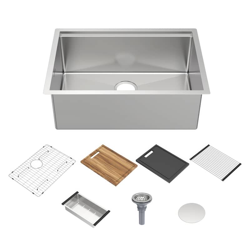 Whitehaus Undermount Single Bowl 16 Gauge Brushed Stainless Steel Workstation Sink With Accessories - 27 x 19