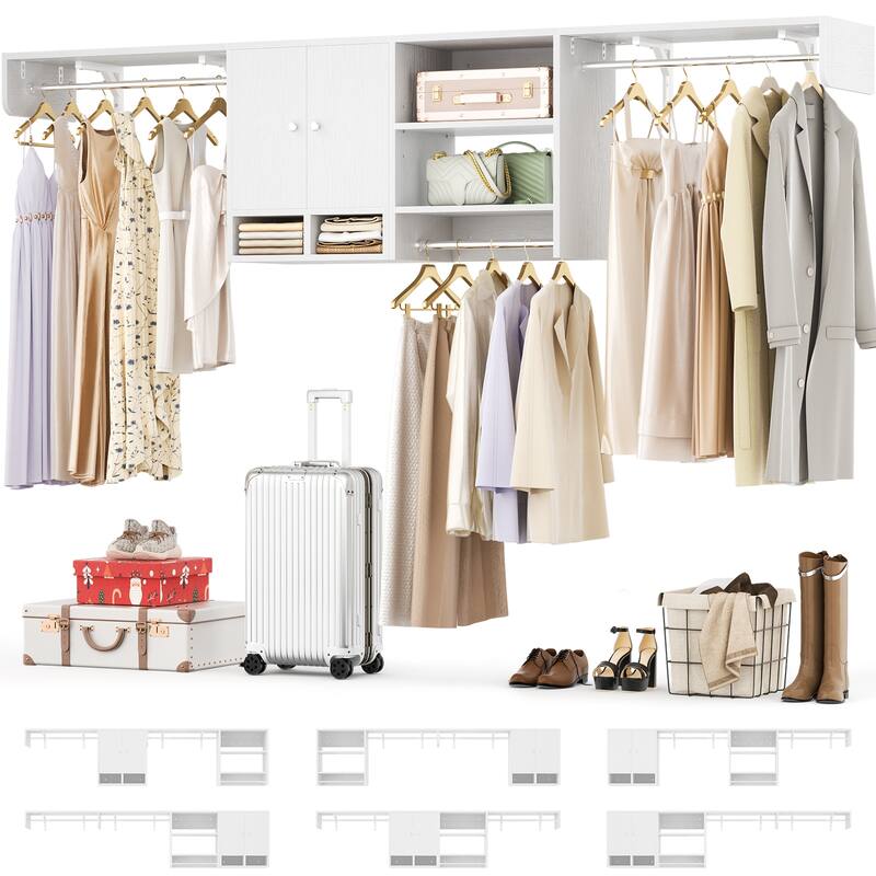 88.4'' - 117.8'' Closet System (Can Be Cut To Fit), Reversible Laundry Wall Cabinet with 3 Hanging Rods & Adjustable Shelves