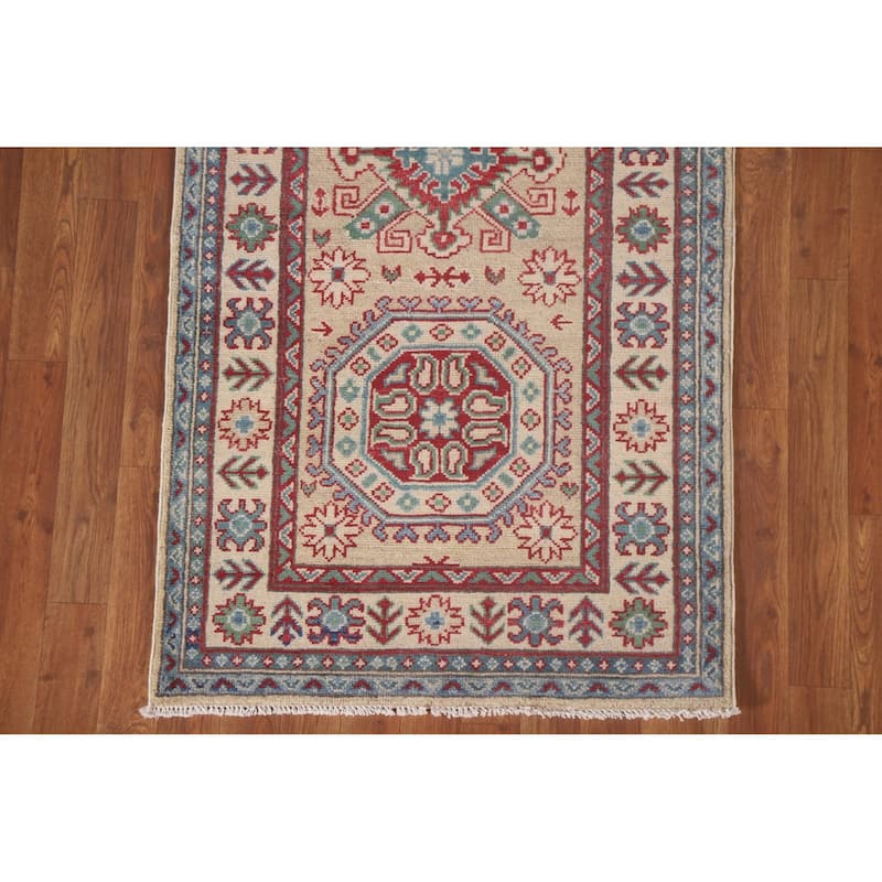 Hand Knotted Oriental 100% Wool Carpet Traditional Geometric Beige & Ivories Kazak Runner Rug - 12' 9'' X 2' 9''