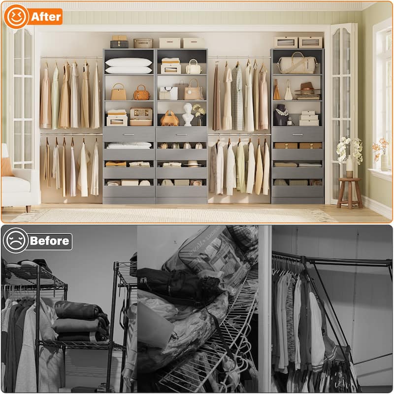140'' Walk-in Closet Organizer System with 12 Drawers ＆ 4 Hanging Rods, 8.5-11.5FT Wooden Wardrobe Clothes Rack with 3 Towers