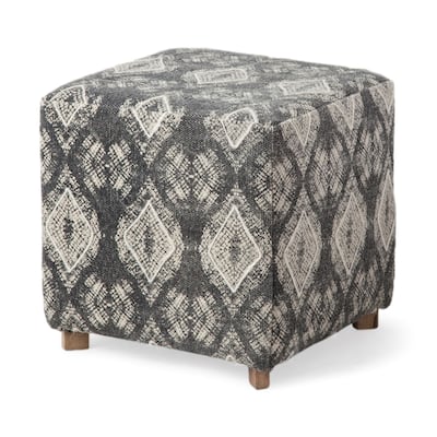 Modern 19" Grey Cotton Cube Ottoman with Brown Wooden Legs for Home Decor