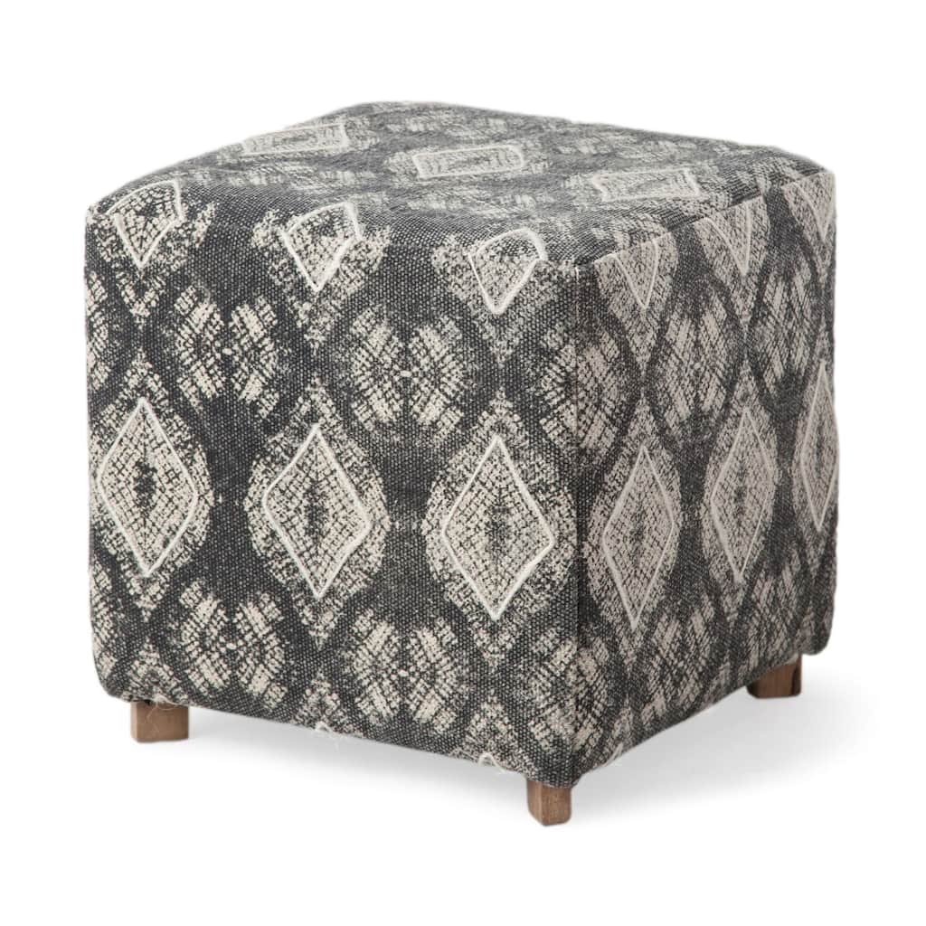 Modern 19" Grey Cotton Cube Ottoman with Brown Wooden Legs for Home Decor