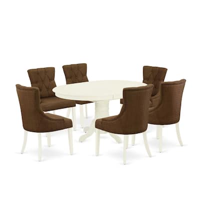 HomeStock 7-Piece Oval Linen White Finish Solid Wood Top Dining Table with 6 Parson-Chairs with Butterfly Leaf Lattice Back