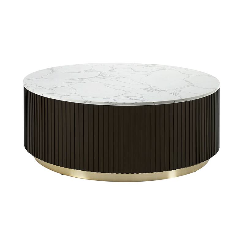HomeRoots 35" White Espresso and Gold Faux Marble Solid Wood and Steel Round Drum Coffee Table
