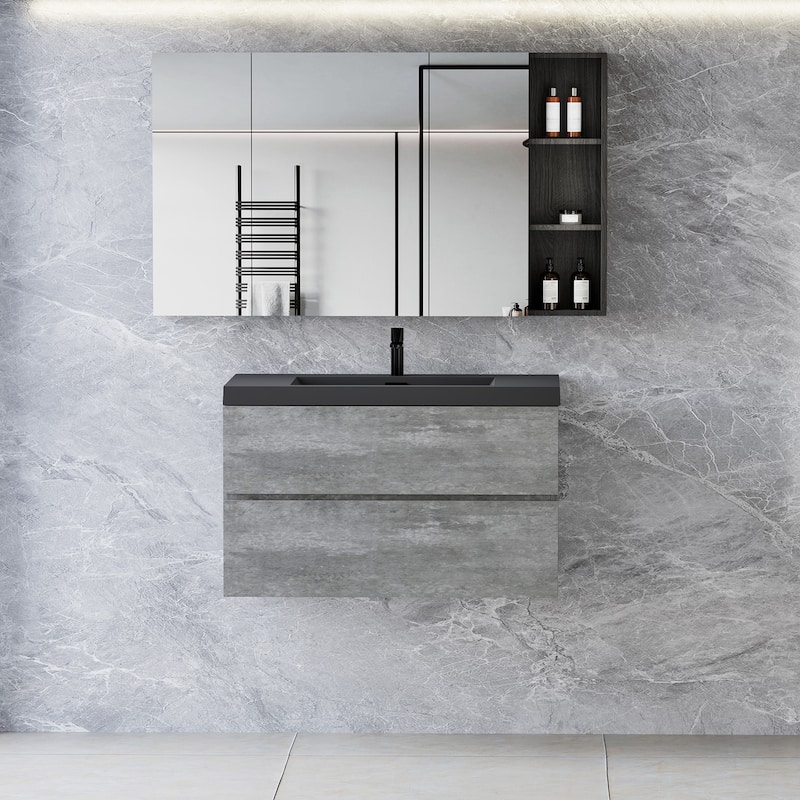 24/30/36/48/60 inch Melamine Floating Bathroom Vanity with Sink and Black Quartz Sand Top Basin and Soft Close Drawers - 36" x 20" x 23"