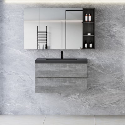 24/30/36/48/60 inch Melamine Floating Bathroom Vanity with Sink and Black Quartz Sand Top Basin and Soft Close Drawers