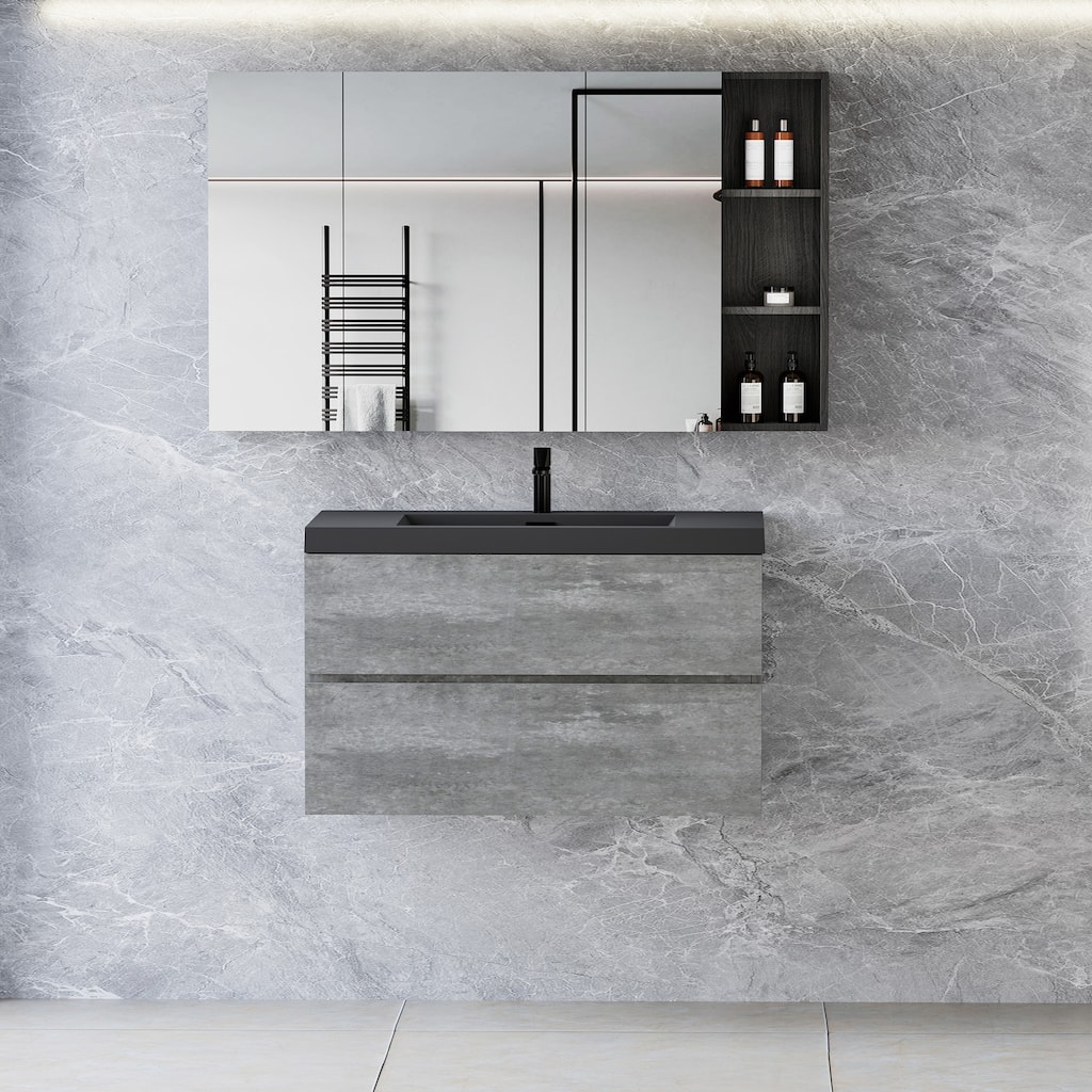 24/30/36/48/60 inch Melamine Floating Bathroom Vanity with Sink and Black Quartz Sand Top Basin and Soft Close Drawers