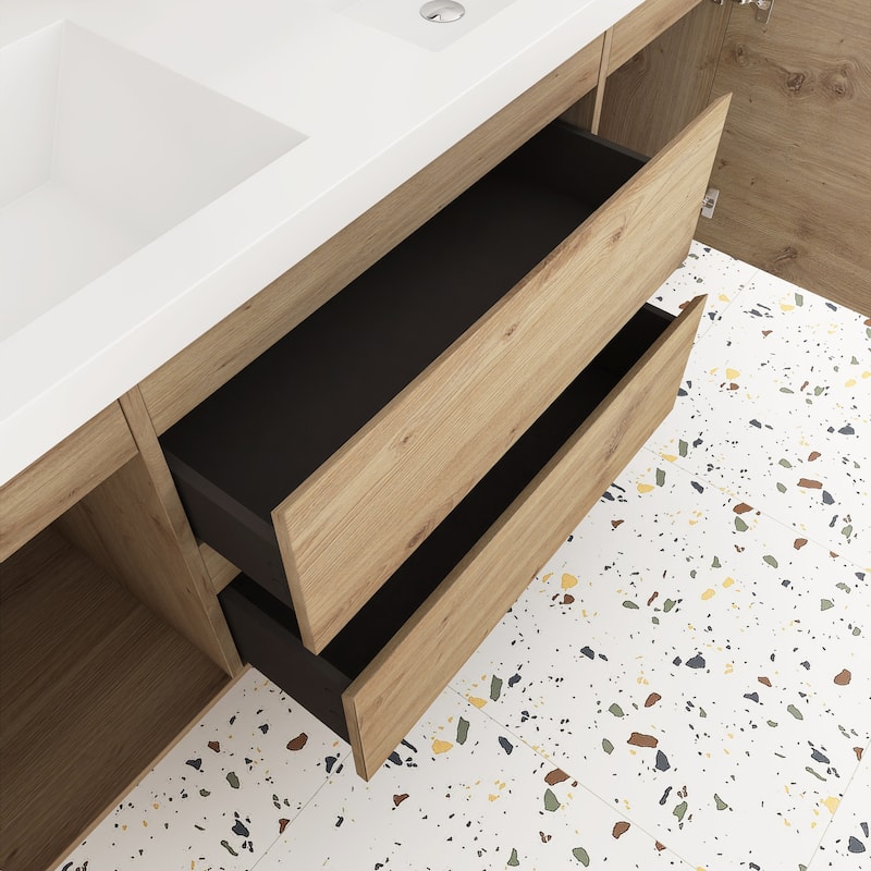 Angela Wall Mounted Bathroom Vanity in F. Oak with White Cultured Marble Top
