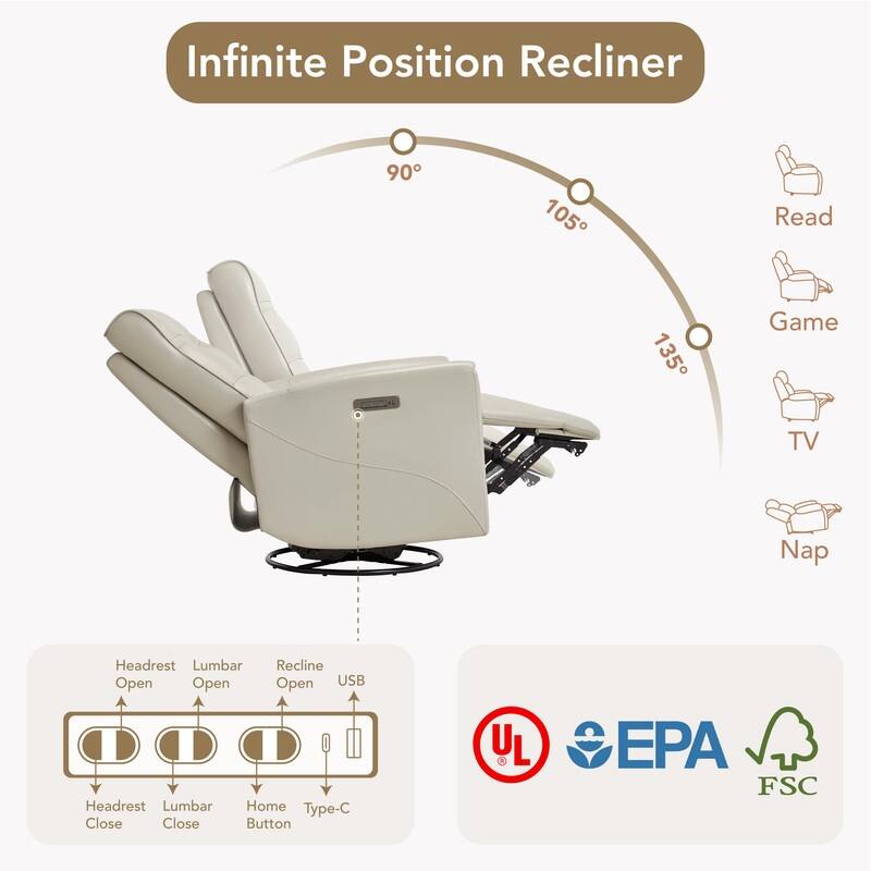 Spruce & Spring Genuine Leather Swivel Glider Recliner with Power Lumbar Support