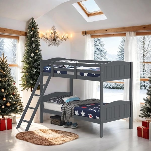 slide 2 of 8, Twin over Twin Bunk Bed with Camelback Headboard & Guardrails, Grey