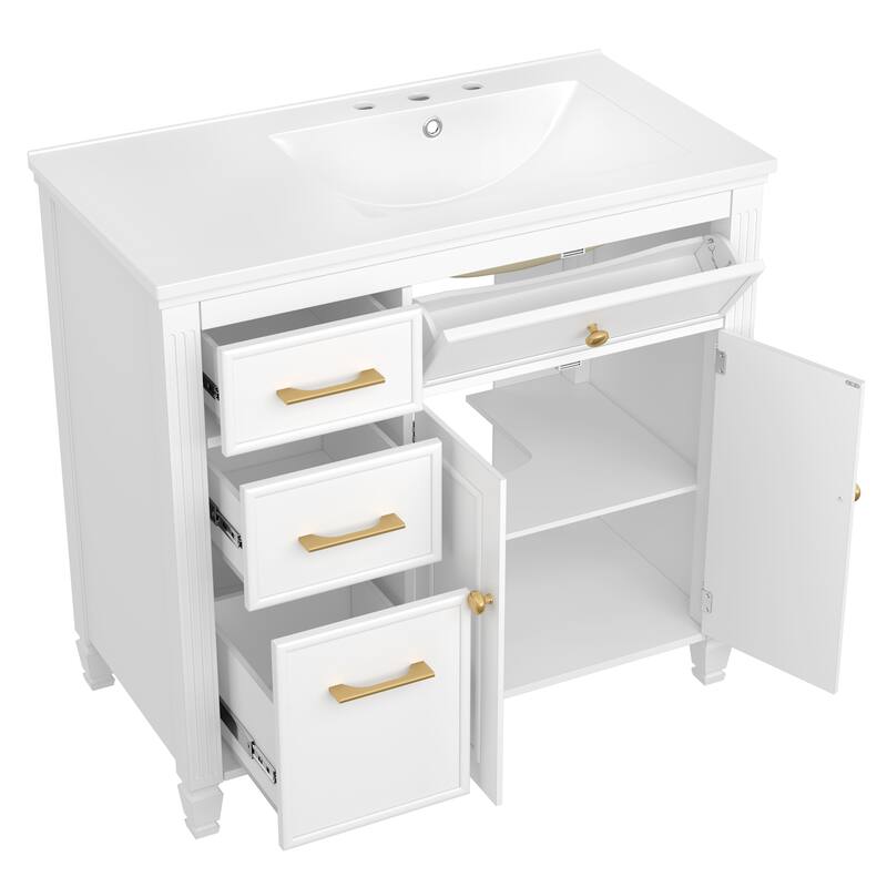 36" Bathroom Vanity with Sink, Ceramic Sink, One Tip-out Drawer, 3 Side Drawers, Adjustable Shelf