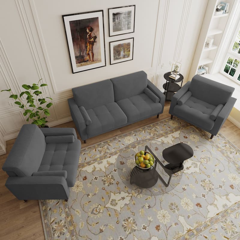 3-Piece Corduroy Tufted Club Armchair and Loveseat Set for Living Room