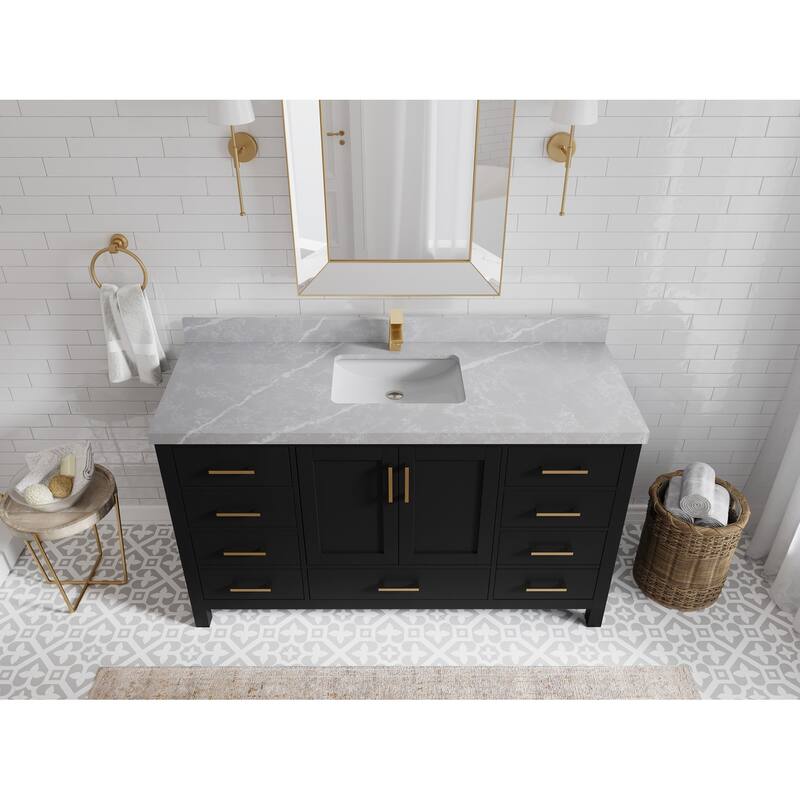 Willow Collections 60 in. W x 22 in. D Malibu Single Sink Bathroom Vanity with Countertop - 2" Pearl Gray - Black