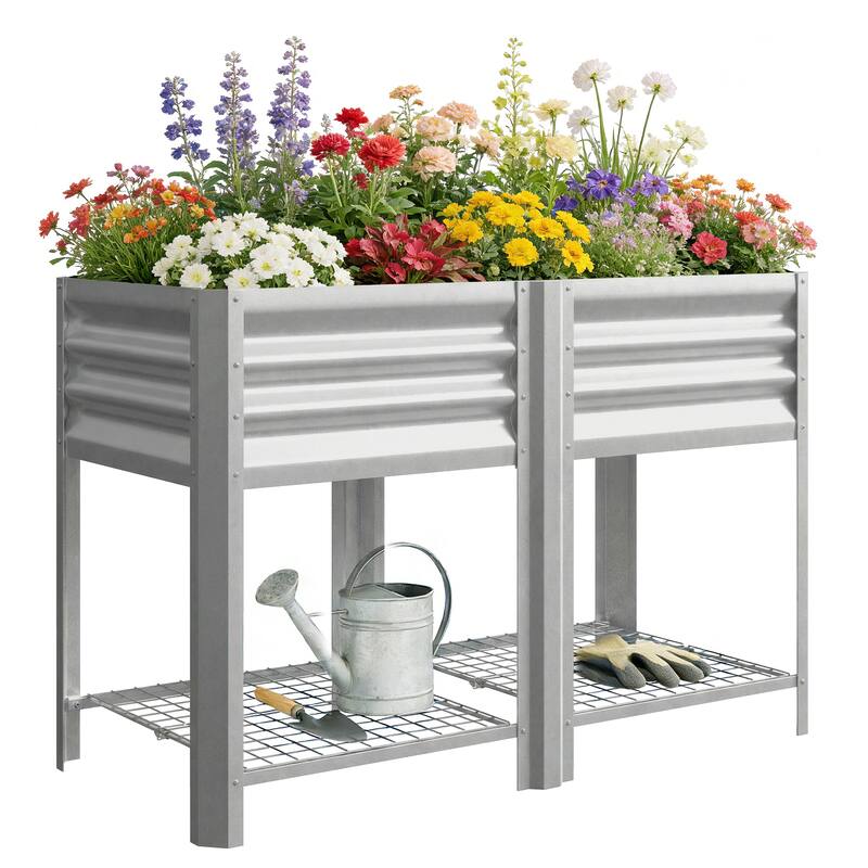 Outsunny Galvanized Steel Raised Garden Bed with Storage Shelf and Bed Liner, Elevated Planter Box with Legs