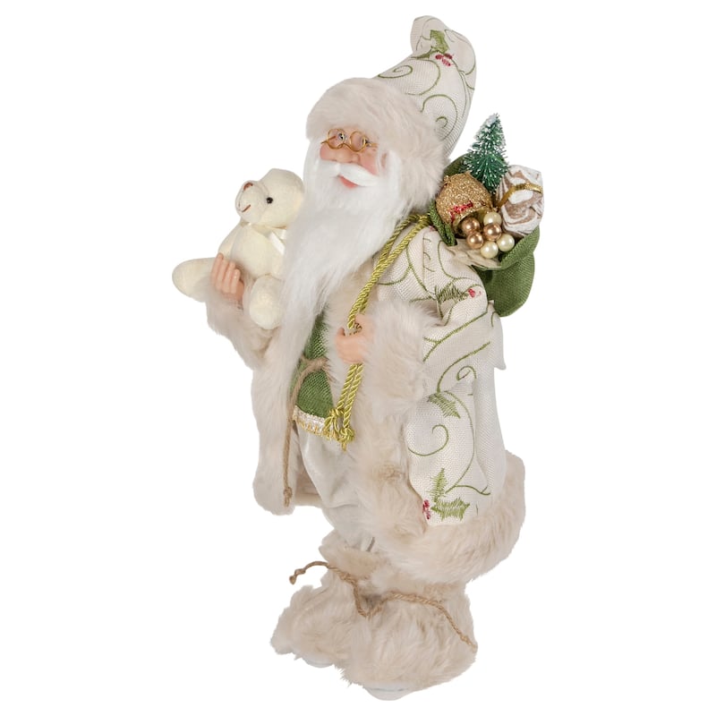 16" Holly and Berries Santa Claus with Teddy Bear Christmas Figure
