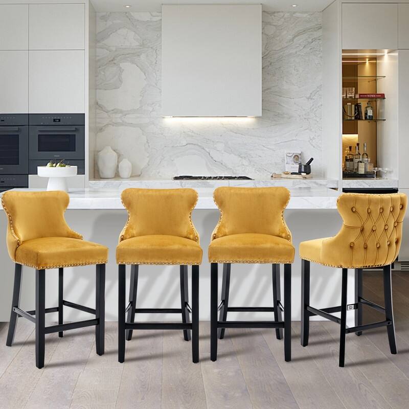 Button Tufted Velvet Wing-Back Barstools Set of 4