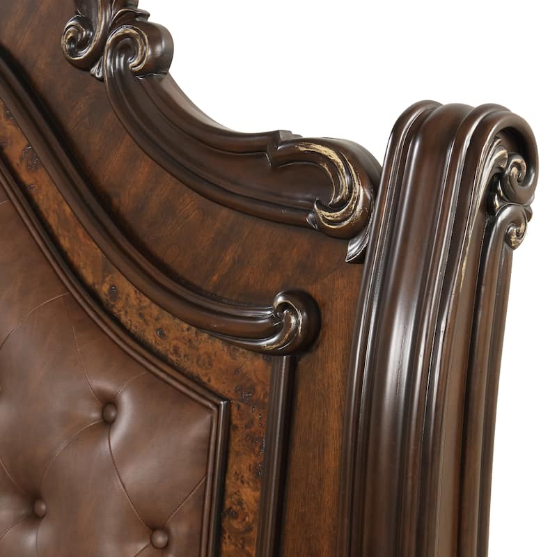 Ruth Queen Bed, Faux Leather Headboard with Burl Inlays, Mahogany Brown