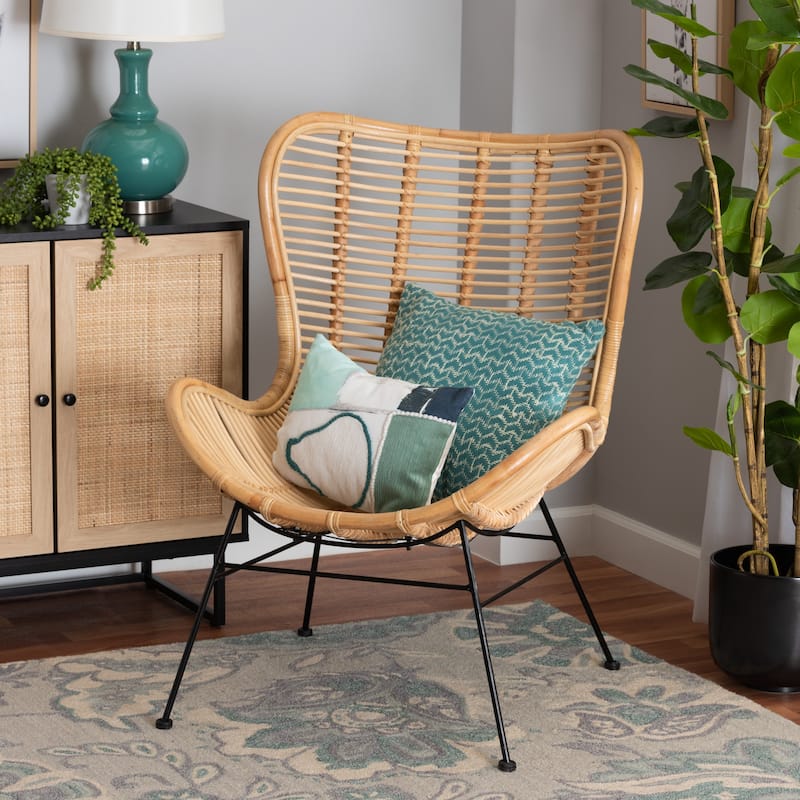 Colorado Modern Bohemian Natural Brown Rattan and Black Metal Accent Chair