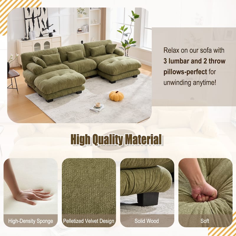 Pelletized Velvet U-shaped Sectional Sofa Modular Chaise Lounge Couch with 2 Ottomans, Deep Seat, Bolster Arms and Pillows