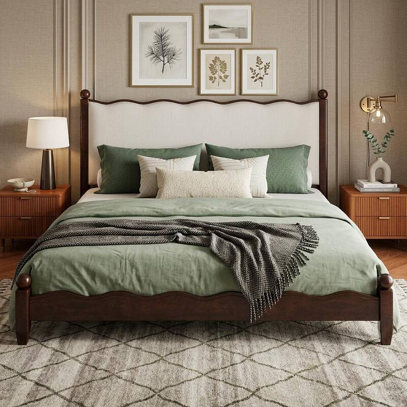 Wood Platform Bed with Upholstered Headboard by Harper&Bright Designs - Espresso - King