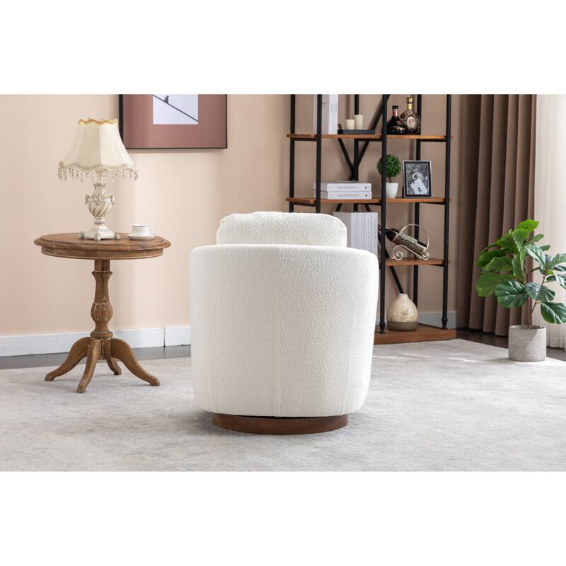 Boucle Fabric Swivel Accent Chair With Soild Wood Round Brown Base Leg For Living Room