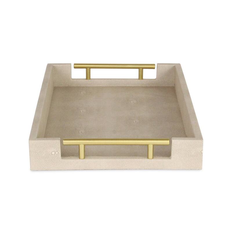 HomeRoots 16" Cream Wood and Vinyl Faux Shagreen Serving Tray With Gold Handles