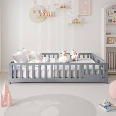 Full Size Floor Platform Bed with Fence and Door for Kids, Montessori Floor Bed Frame with Support Slats