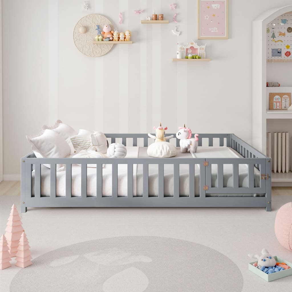 Full Size Wooden Floor Platform Bed w/ Fence & Door for Kids for Toddlers - Grey