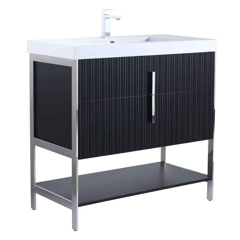 Fine Fixtures Serenity Modern Bathroom Vanity with White Gel Acrylic Top - Black Matte - Chrome Hardware - 36 inch
